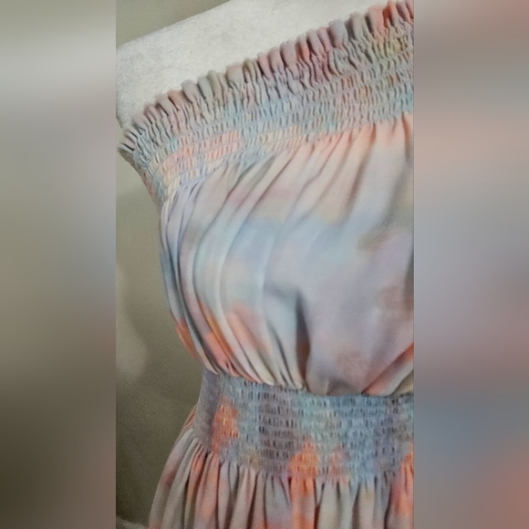 SKYLAR + MADISON Pastel Watercolor Chiffon One Shoulder Mini Dress. Blue/pink. M - Picture 10 of 14